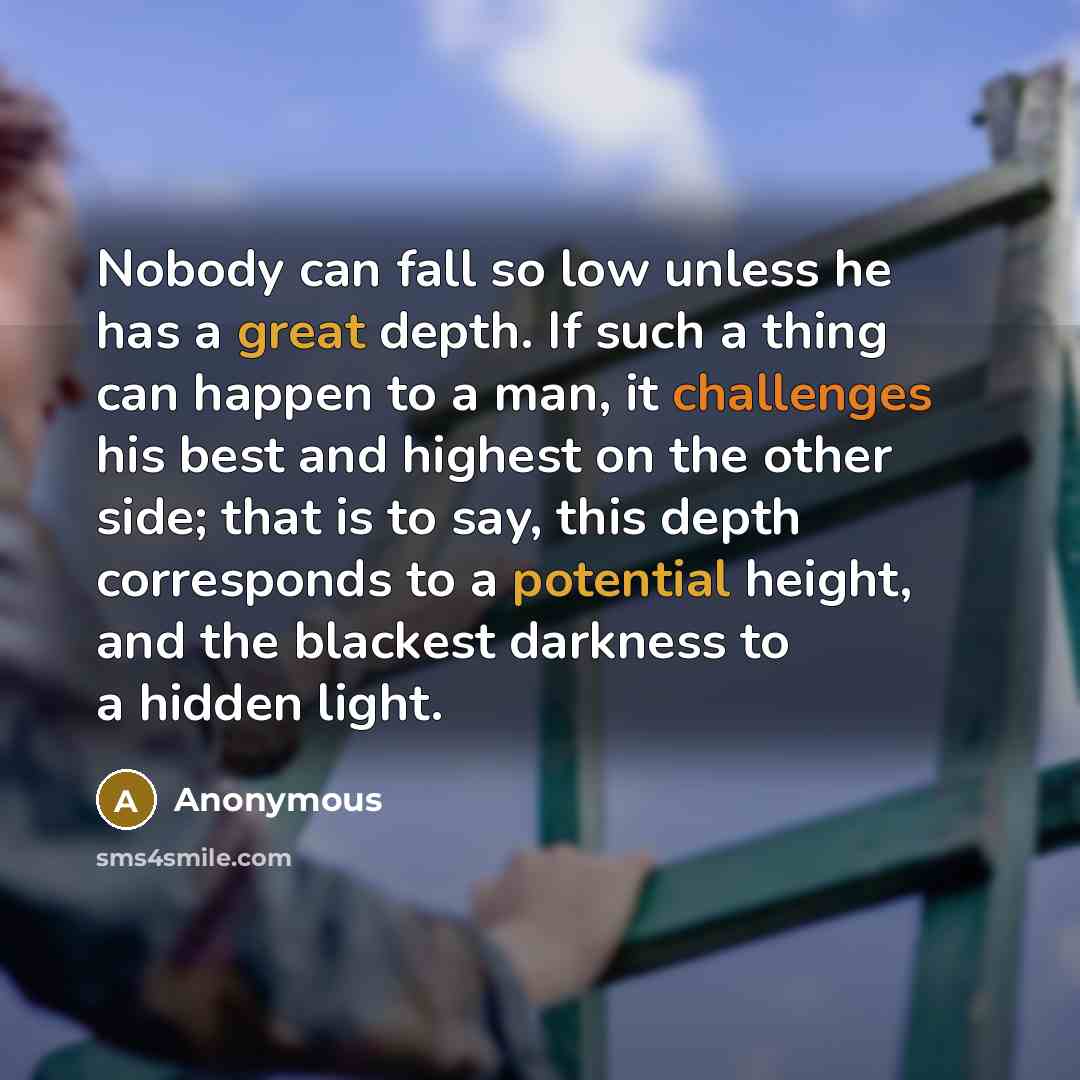“Nobody can fall so low unless he has a great depth. If such a thing can happen to a man, it challenges his best and highest on the other side; that is to say, this depth corresponds to a potential height, and the blackest darkness to a hidden light.” quote by Anonymous