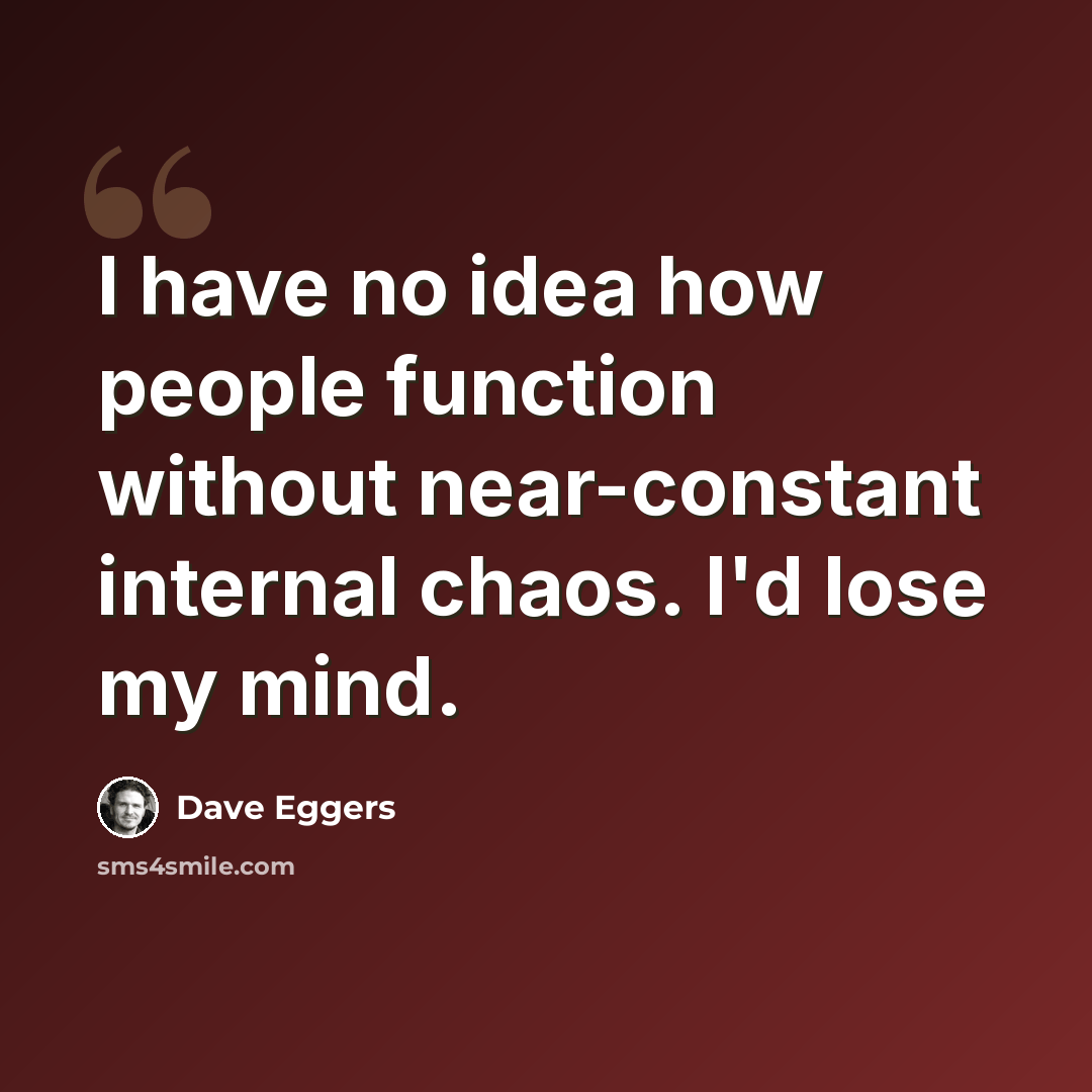 “I have no idea how people function without near-constant internal chaos. I'd lose my mind.” quote by Dave Eggers