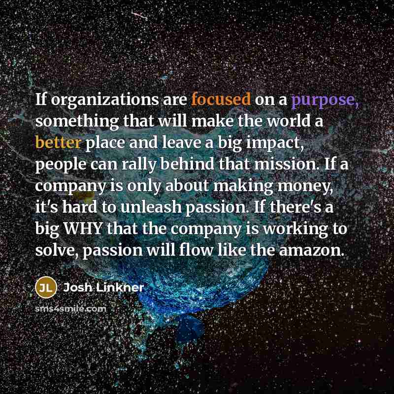 “If organizations are focused on a purpose, something that will make the world a better place and leave a big impact, people can rally behind that mission. If a company is only about making money, it's hard to unleash passion. If there's a big WHY that the company is working to solve, passion will…” quote by Josh Linkner