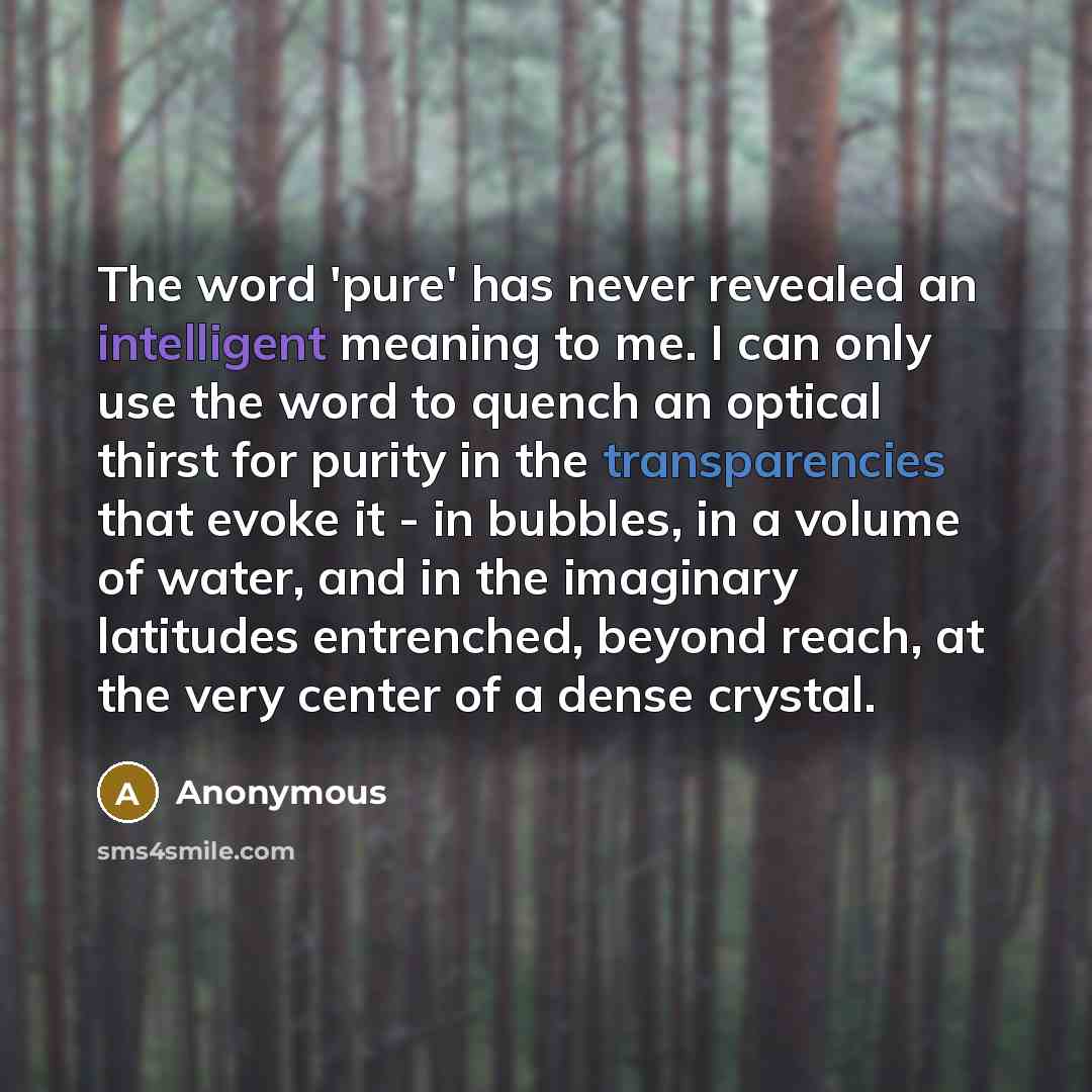 “The word 'pure' has never revealed an intelligent meaning to me. I can only use the word to quench an optical thirst for purity in the transparencies that evoke it - in bubbles, in a volume of water, and in the imaginary latitudes entrenched, beyond reach, at the very center of a dense crystal.” quote by Anonymous