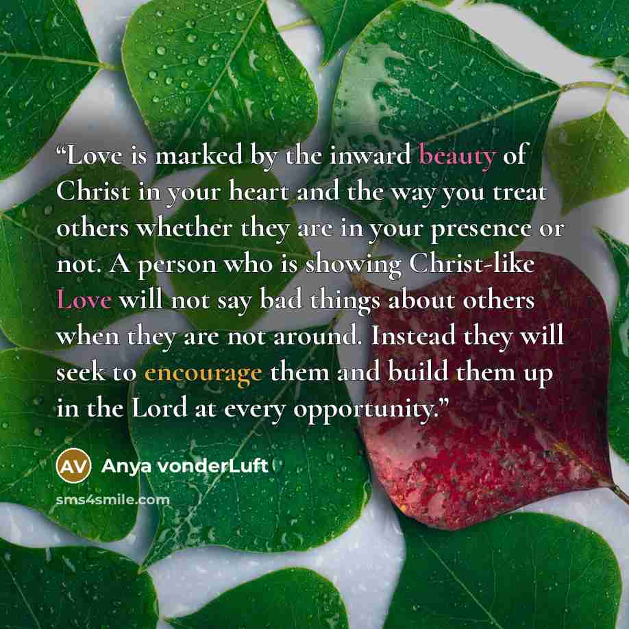 “Love is marked by the inward beauty of Christ in your heart and the way you treat others whether they are in your presence or not. A person who is showing Christ-like Love will not say bad things about others when they are not around. Instead they will seek to encourage them and build them up in…” quote by Anya vonderLuft