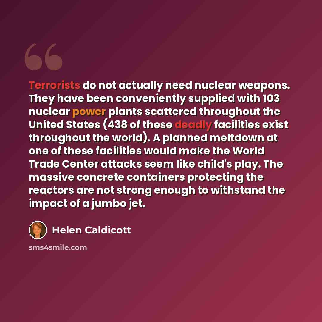 “Terrorists do not actually need nuclear weapons. They have been conveniently supplied with 103 nuclear power plants scattered throughout the United States (438 of these deadly facilities exist throughout the world). A planned meltdown at one of these facilities would make the World Trade Center…” quote by Helen Caldicott