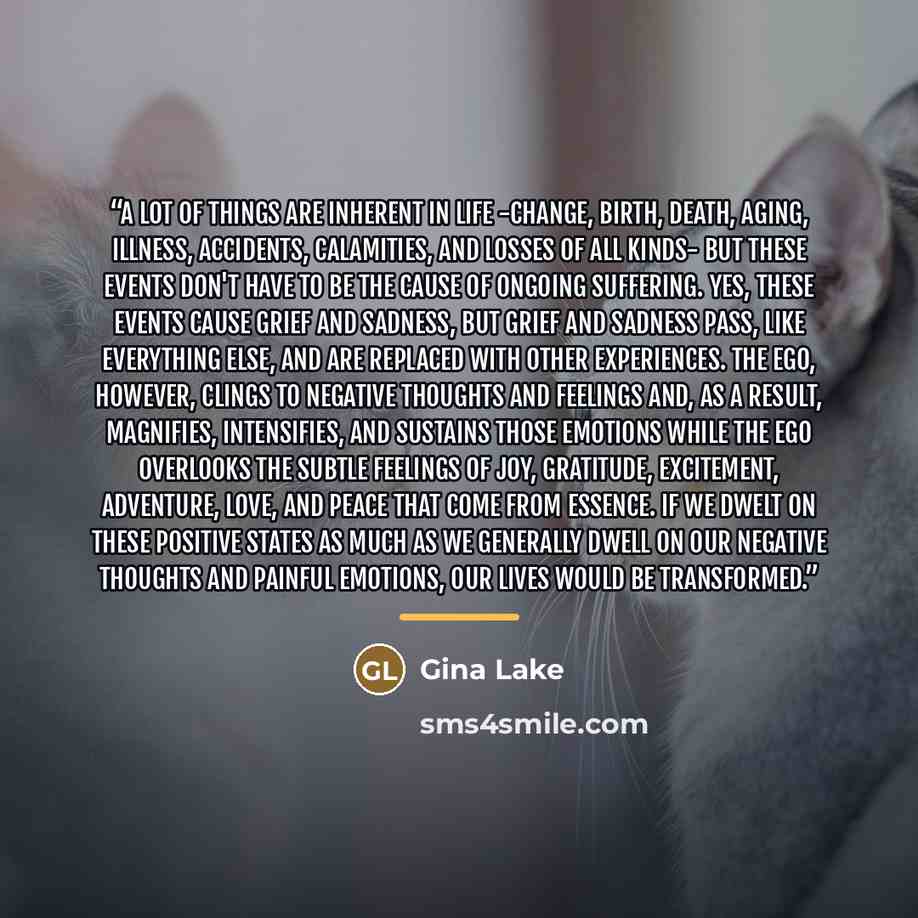 “A lot of things are inherent in life -change, birth, death, aging, illness, accidents, calamities, and losses of all kinds- but these events don't have to be the cause of ongoing suffering. Yes, these events cause grief and sadness, but grief and sadness pass, like everything else, and are…” quote by Gina Lake