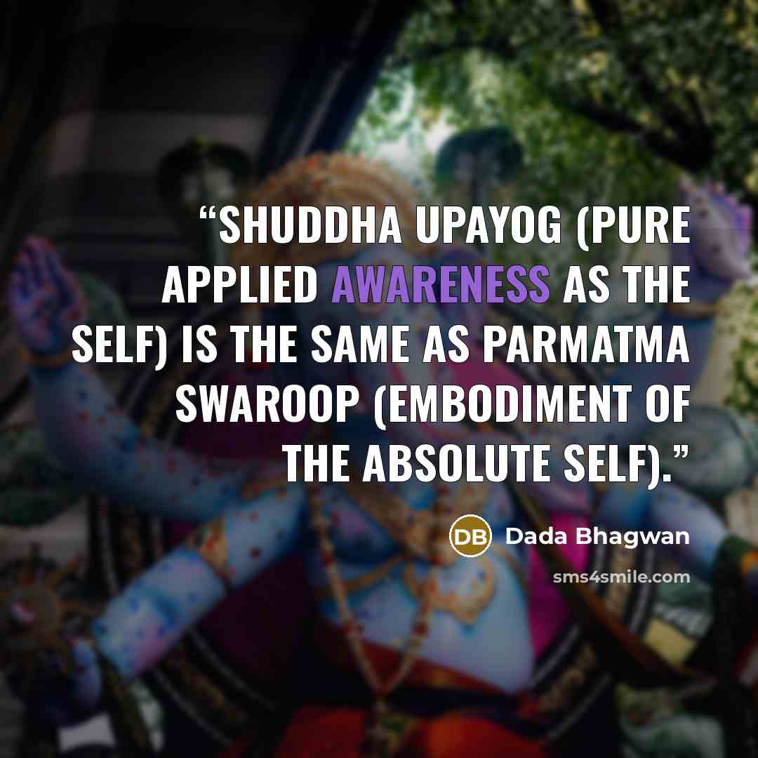 “Shuddha Upayog (pure applied awareness as the Self) is the same as Parmatma Swaroop (embodiment of the absolute Self).” quote by Dada Bhagwan