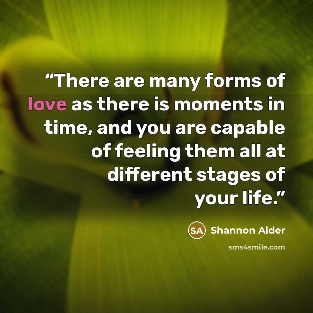 “There are many forms of love as there is moments in time, and you are capable of feeling them all at different stages of your life.” quote by Shannon Alder