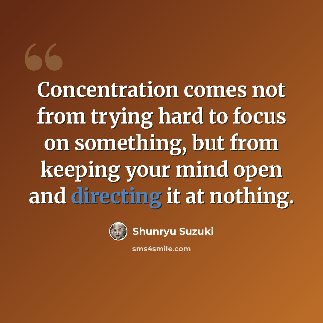 “Concentration comes not from trying hard to focus on something, but from keeping your mind open and directing it at nothing.” quote by Shunryu Suzuki