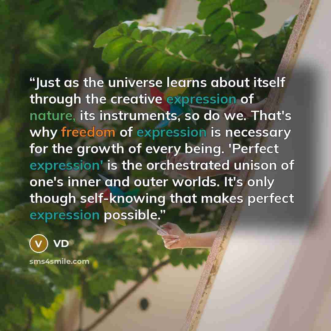 “Just as the universe learns about itself through the creative expression of nature, its instruments, so do we. That's why freedom of expression is necessary for the growth of every being. 'Perfect expression' is the orchestrated unison of one's inner and outer worlds. It's only though self-knowing…” quote by VD