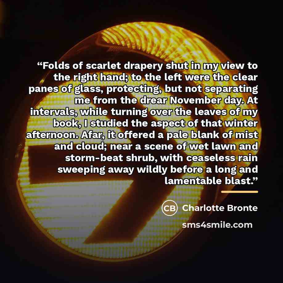 “Folds of scarlet drapery shut in my view to the right hand; to the left were the clear panes of glass, protecting, but not separating me from the drear November day. At intervals, while turning over the leaves of my book, I studied the aspect of that winter afternoon. Afar, it offered a pale blank…” quote by Charlotte Brontë