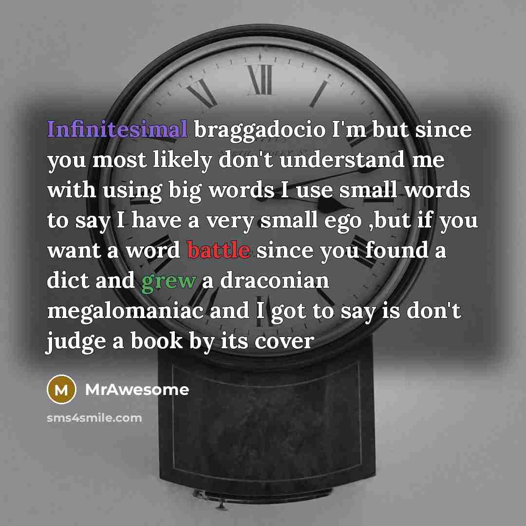 “Infinitesimal braggadocio I'm but since you most likely don't understand me with using big words I use small words to say I have a very small ego ,but if you want a word battle since you found a dict and grew a draconian megalomaniac and I got to say is don't judge a book by its cover” quote by MrAwesome