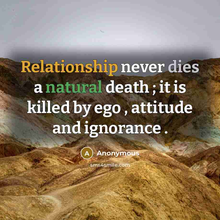 “Relationship never dies a natural death ; it is killed by ego , attitude and ignorance .” quote by Anonymous