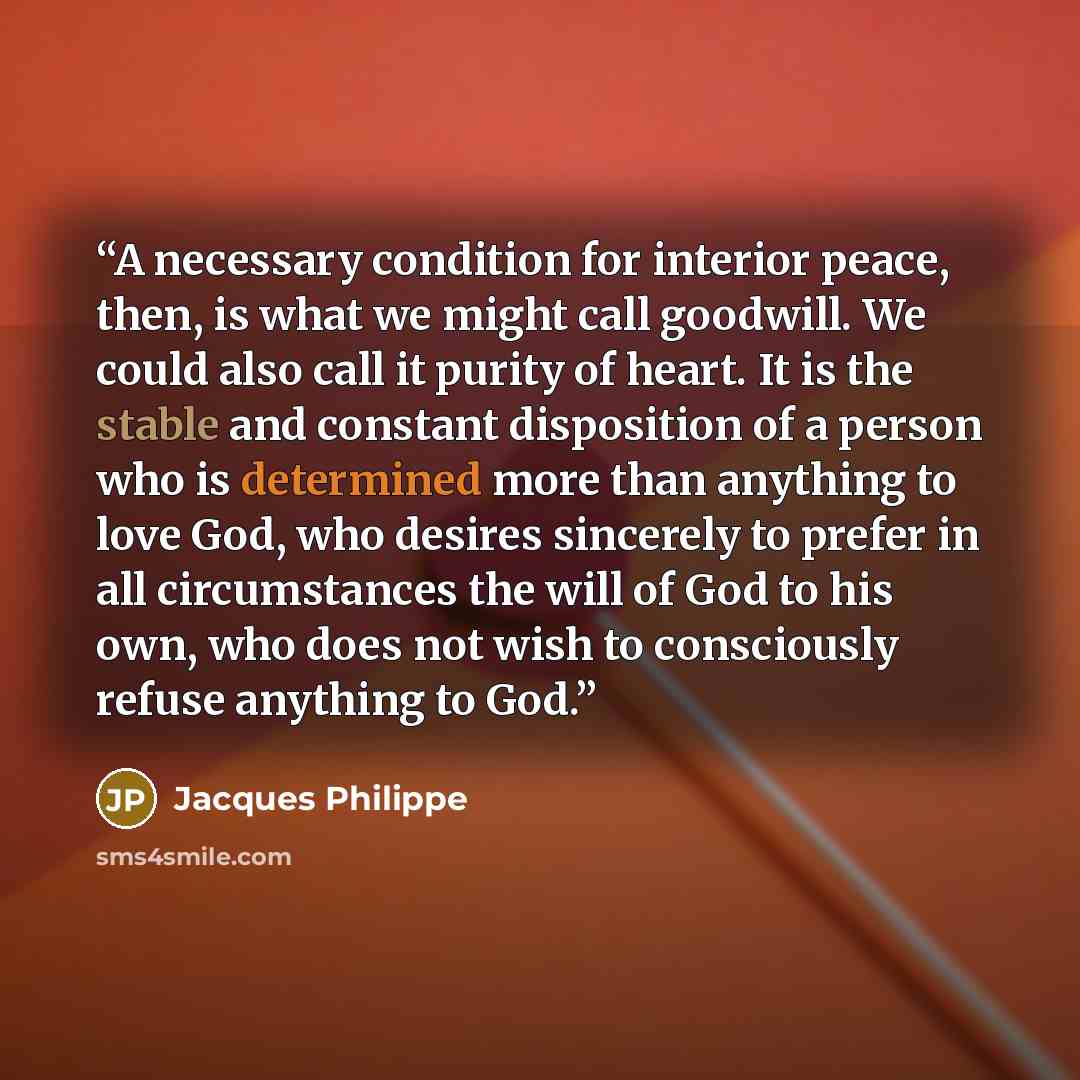“A necessary condition for interior peace, then, is what we might call goodwill. We could also call it purity of heart. It is the stable and constant disposition of a person who is determined more than anything to love God, who desires sincerely to prefer in all circumstances the will of God to his…” quote by Jacques Philippe