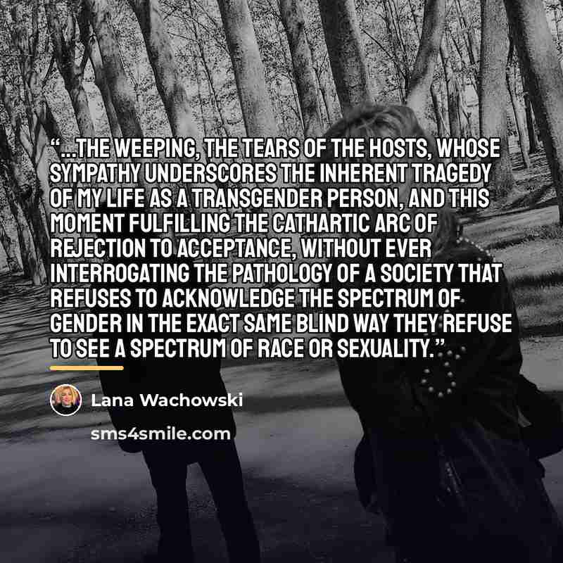 “...the weeping, the tears of the hosts, whose sympathy underscores the inherent tragedy of my life as a transgender person, and this moment fulfilling the cathartic arc of rejection to acceptance, without ever interrogating the pathology of a society that refuses to acknowledge the spectrum of…” quote by Lana Wachowski