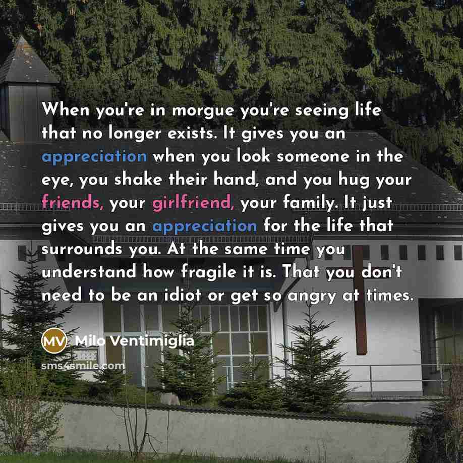 “When you're in morgue you're seeing life that no longer exists. It gives you an appreciation when you look someone in the eye, you shake their hand, and you hug your friends, your girlfriend, your family. It just gives you an appreciation for the life that surrounds you. At the same time you…” quote by Milo Ventimiglia