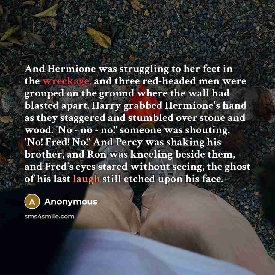 “And Hermione was struggling to her feet in the wreckage, and three red-headed men were grouped on the ground where the wall had blasted apart. Harry grabbed Hermione's hand as they staggered and stumbled over stone and wood. 'No - no - no!' someone was shouting. 'No! Fred! No!' And Percy was…” quote by Anonymous