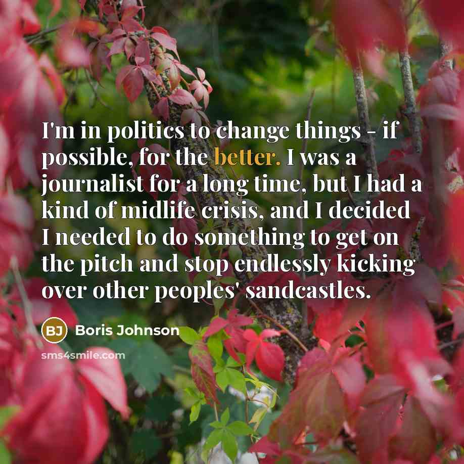 “I'm in politics to change things - if possible, for the better. I was a journalist for a long time, but I had a kind of midlife crisis, and I decided I needed to do something to get on the pitch and stop endlessly kicking over other peoples' sandcastles.” quote by Boris Johnson