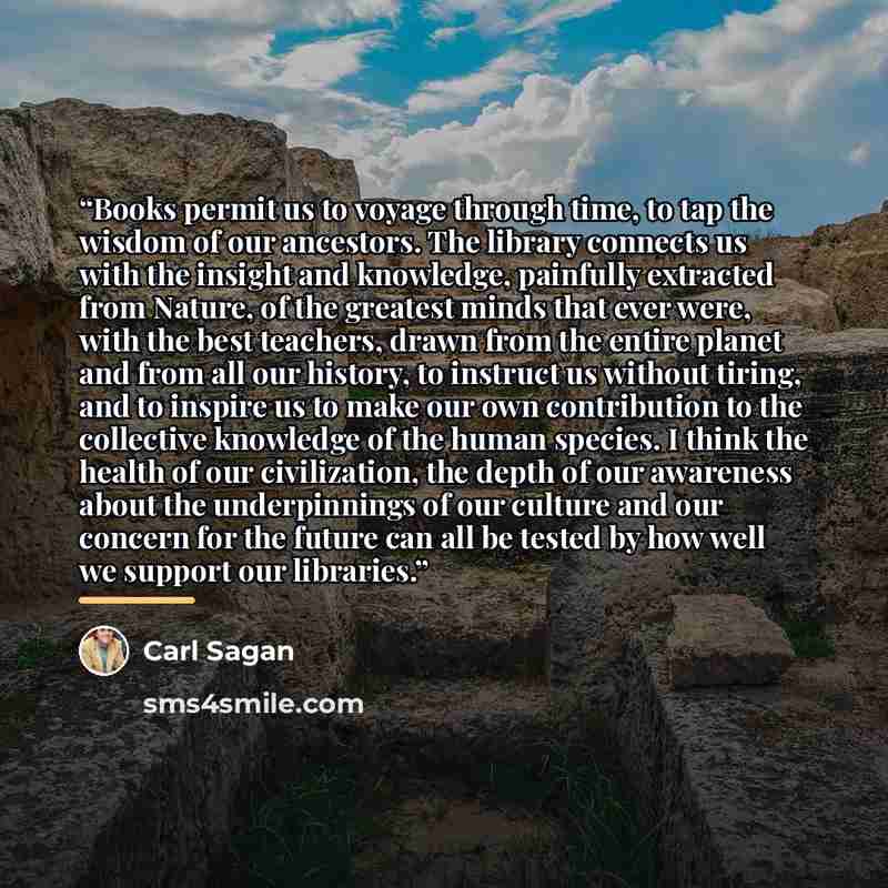 “Books permit us to voyage through time, to tap the wisdom of our ancestors. The library connects us with the insight and knowledge, painfully extracted from Nature, of the greatest minds that ever were, with the best teachers, drawn from the entire planet and from all our history, to instruct us…” quote by Carl Sagan