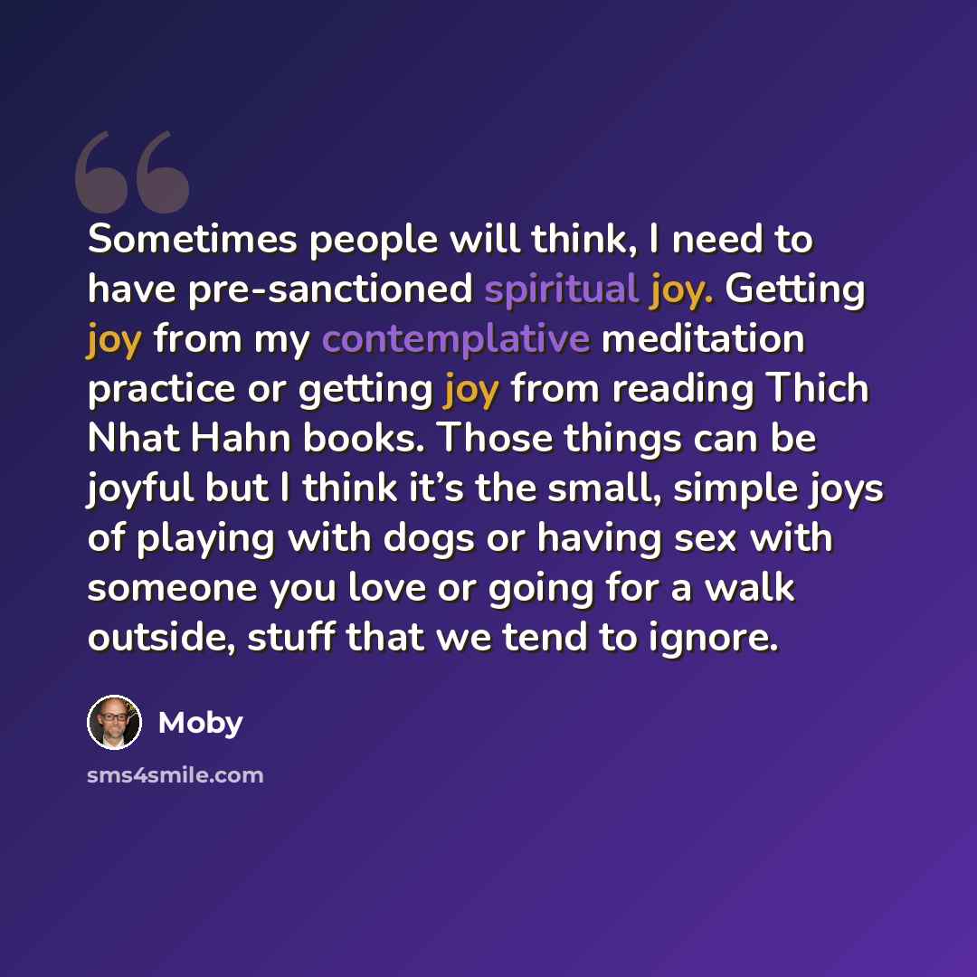 “Sometimes people will think, I need to have pre-sanctioned spiritual joy. Getting joy from my contemplative meditation practice or getting joy from reading Thich Nhat Hahn books. Those things can be joyful but I think it’s the small, simple joys of playing with dogs or having sex with someone you…” quote by Moby