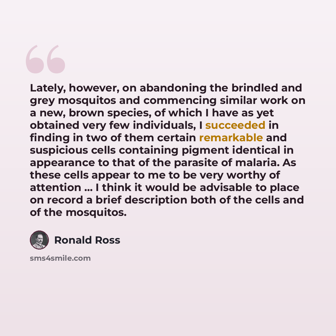 “Lately, however, on abandoning the brindled and grey mosquitos and commencing similar work on a new, brown species, of which I have as yet obtained very few individuals, I succeeded in finding in two of them certain remarkable and suspicious cells containing pigment identical in appearance to that…” quote by Ronald Ross