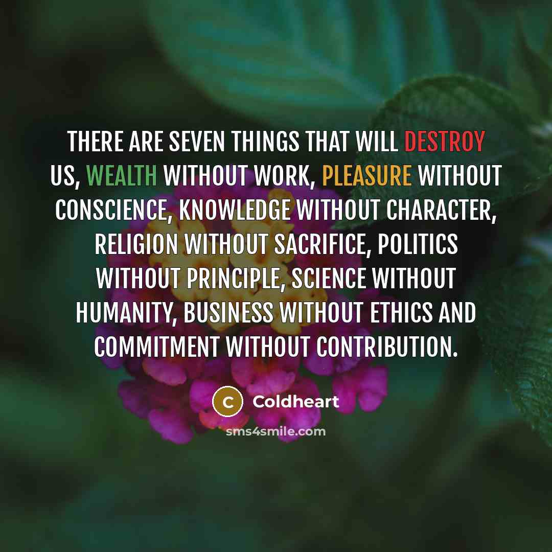 “There are seven things that will destroy us, Wealth without work, Pleasure without conscience, Knowledge without character, Religion without sacrifice, Politics without principle, Science without humanity, Business without ethics and commitment without contribution.” quote by Coldheart