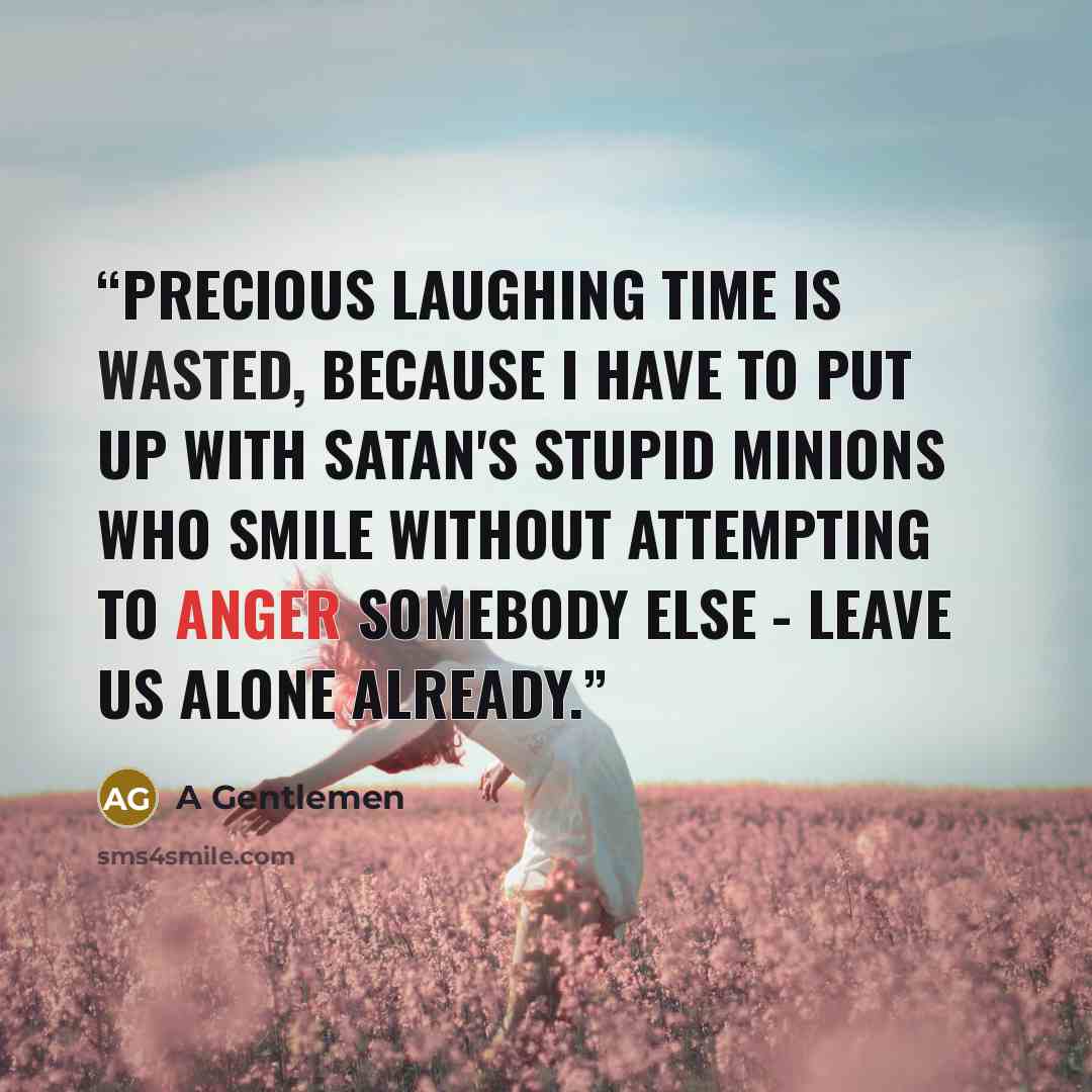 “precious laughing time is wasted, because I have to put up with Satan's stupid minions who smile without attempting to anger somebody else - leave us alone already.” quote by A Gentlemen