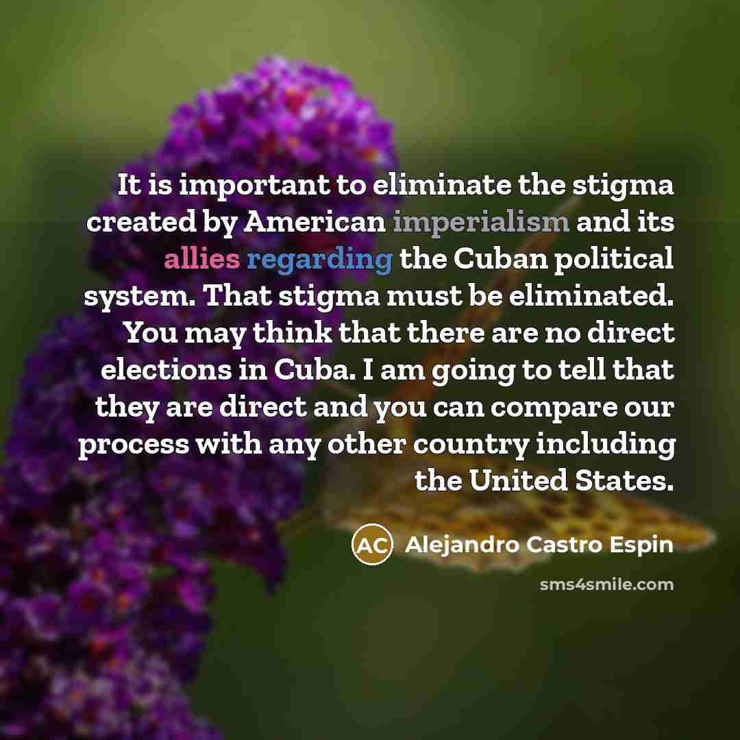 “It is important to eliminate the stigma created by American imperialism and its allies regarding the Cuban political system. That stigma must be eliminated. You may think that there are no direct elections in Cuba. I am going to tell that they are direct and you can compare our process with any…” quote by Alejandro Castro Espin