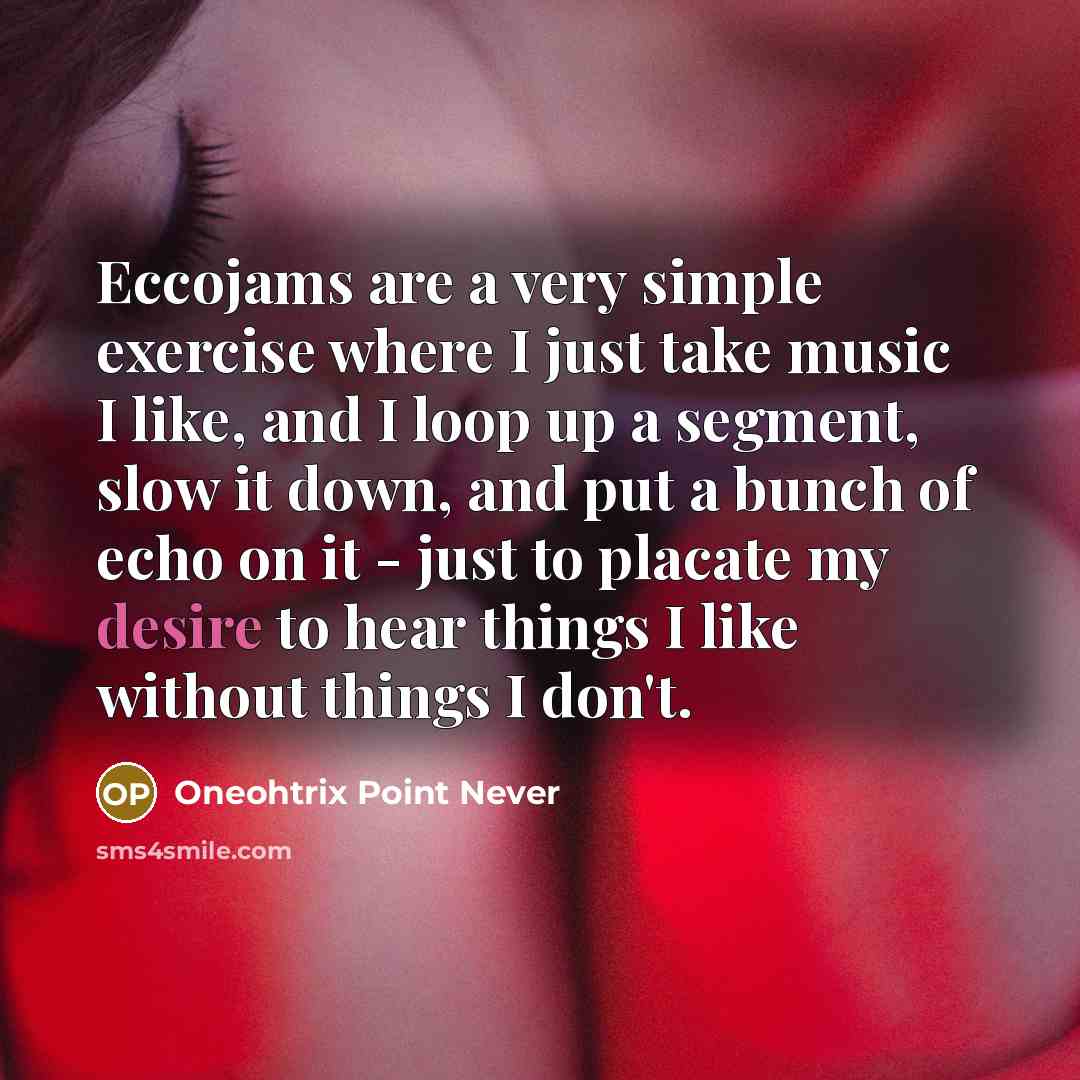 “Eccojams are a very simple exercise where I just take music I like, and I loop up a segment, slow it down, and put a bunch of echo on it - just to placate my desire to hear things I like without things I don't.” quote by Oneohtrix Point Never