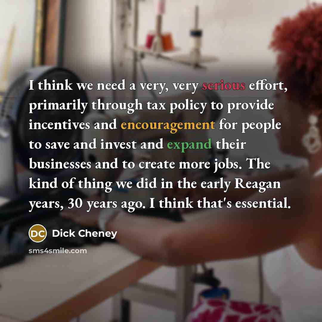 “I think we need a very, very serious effort, primarily through tax policy to provide incentives and encouragement for people to save and invest and expand their businesses and to create more jobs. The kind of thing we did in the early Reagan years, 30 years ago. I think that's essential.” quote by Dick Cheney