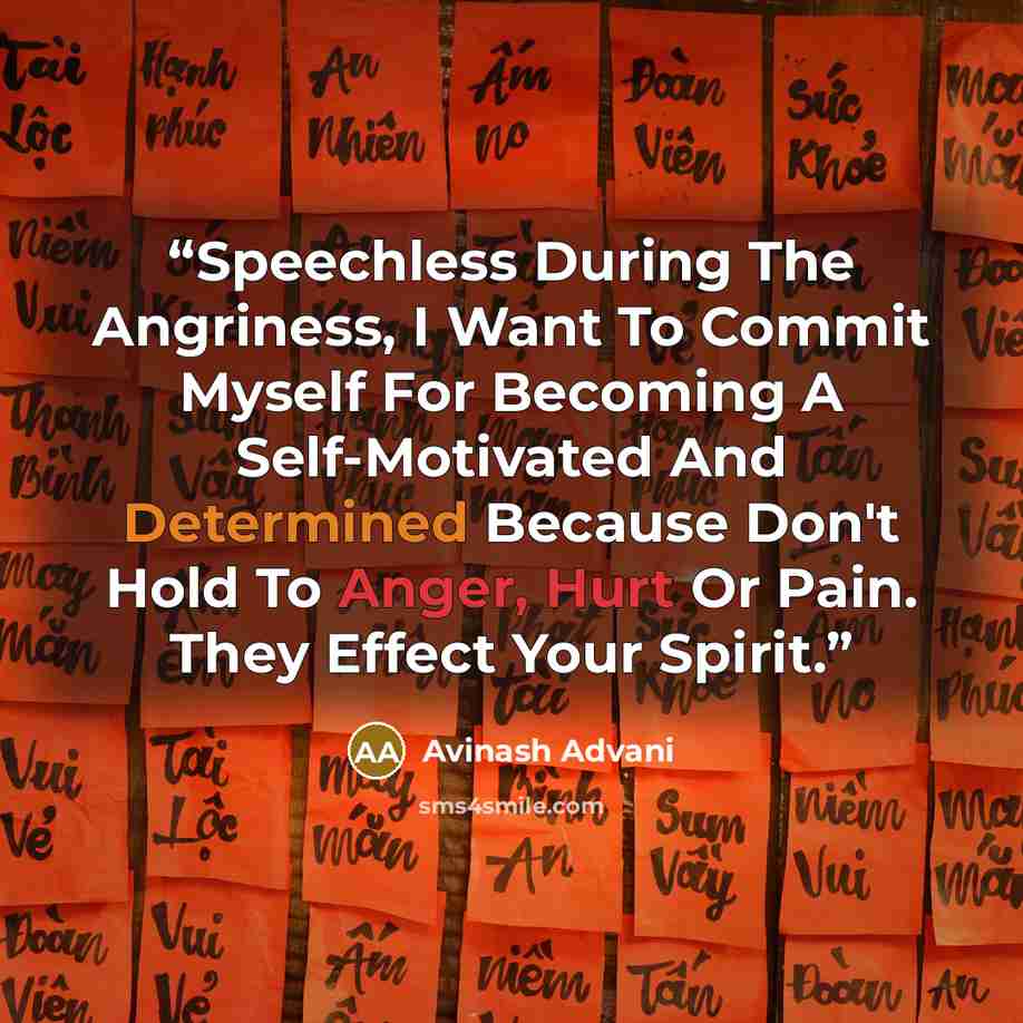 “Speechless During The Angriness, I Want To Commit Myself For Becoming A Self-Motivated And Determined Because Don't Hold To Anger, Hurt Or Pain. They Effect Your Spirit.” quote by Avinash Advani