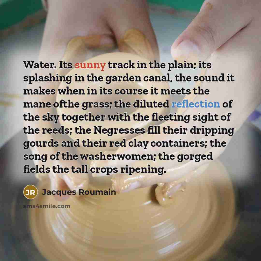 “Water. Its sunny track in the plain; its splashing in the garden canal, the sound it makes when in its course it meets the mane ofthe grass; the diluted reflection of the sky together with the fleeting sight of the reeds; the Negresses fill their dripping gourds and their red clay containers; the…” quote by Jacques Roumain