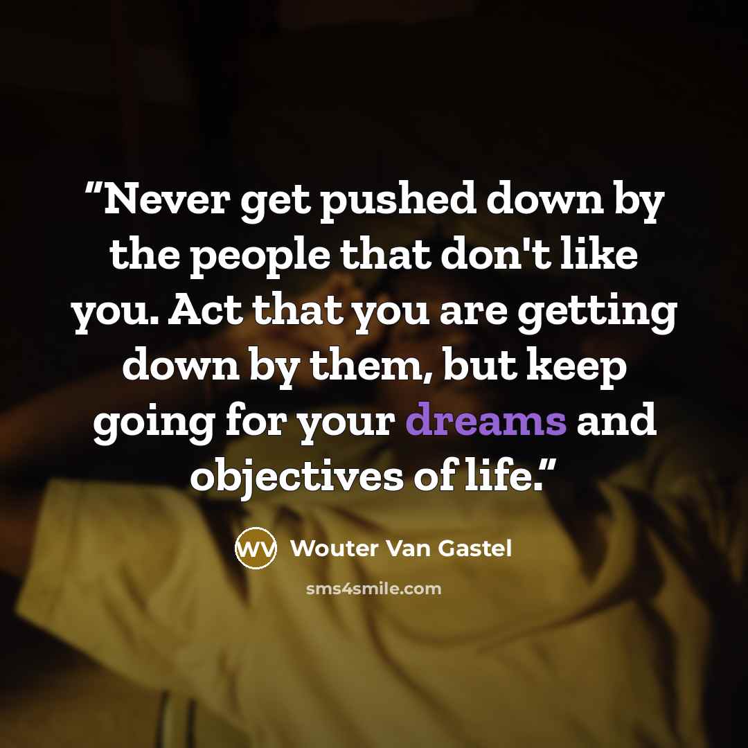 “Never get pushed down by the people that don't like you. Act that you are getting down by them, but keep going for your dreams and objectives of life.” quote by Wouter Van Gastel