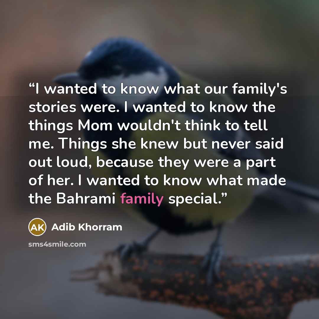 “I wanted to know what our family's stories were. I wanted to know the things Mom wouldn't think to tell me. Things she knew but never said out loud, because they were a part of her. I wanted to know what made the Bahrami family special.” quote by Adib Khorram