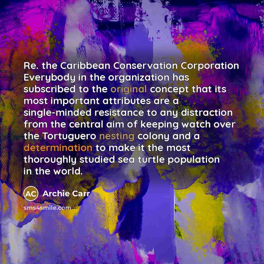 “Re. the Caribbean Conservation Corporation Everybody in the organization has subscribed to the original concept that its most important attributes are a single-minded resistance to any distraction from the central aim of keeping watch over the Tortuguero nesting colony and a determination to make…” quote by Archie Carr