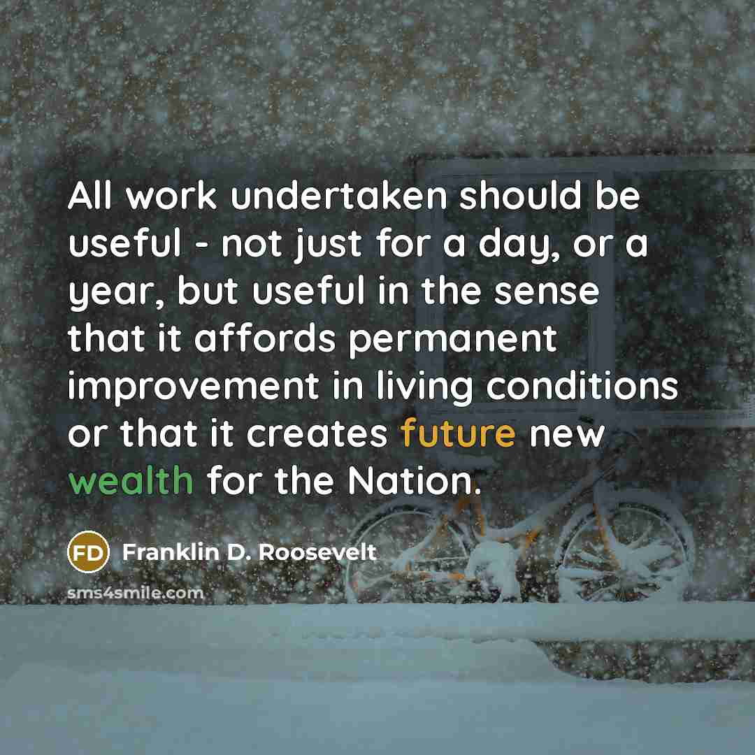 “All work undertaken should be useful - not just for a day, or a year, but useful in the sense that it affords permanent improvement in living conditions or that it creates future new wealth for the Nation.” quote by Franklin D. Roosevelt