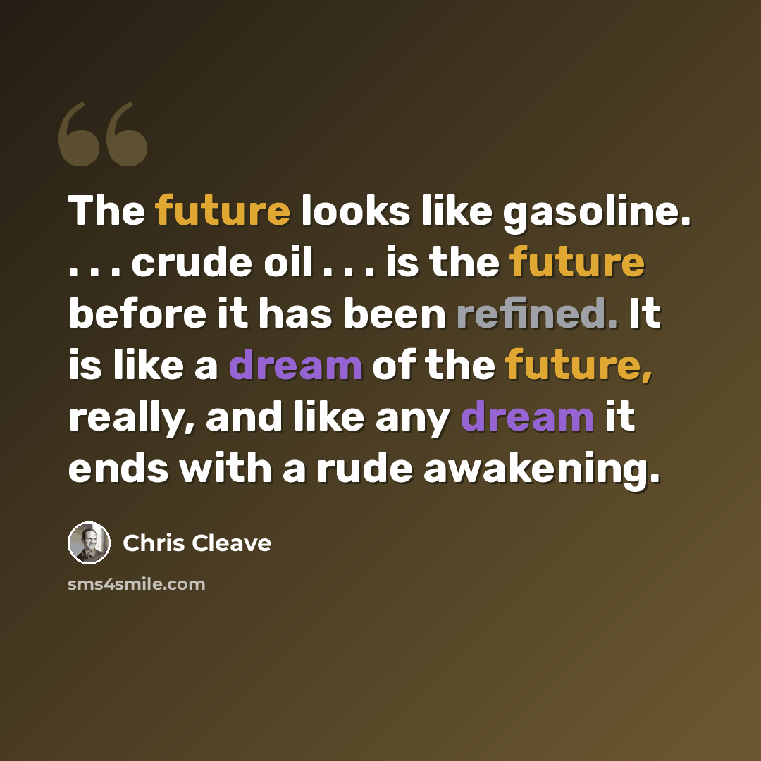 “The future looks like gasoline. . . . crude oil . . . is the future before it has been refined. It is like a dream of the future, really, and like any dream it ends with a rude awakening.” quote by Chris Cleave