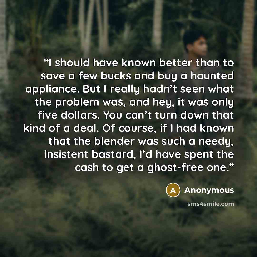 “I should have known better than to save a few bucks and buy a haunted appliance. But I really hadn’t seen what the problem was, and hey, it was only five dollars. You can’t turn down that kind of a deal. Of course, if I had known that the blender was such a needy, insistent bastard, I’d have spent…” quote by Anonymous