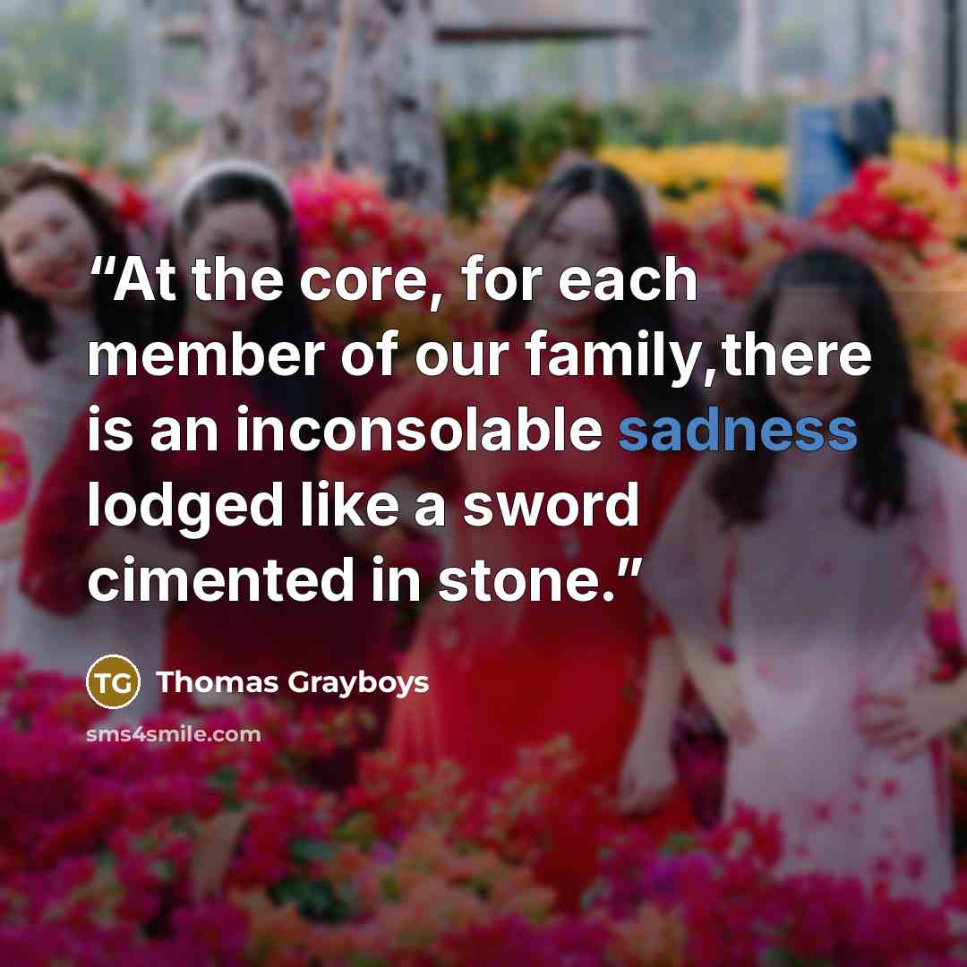 “At the core, for each member of our family,there is an inconsolable sadness lodged like a sword cimented in stone.” quote by Thomas Grayboys