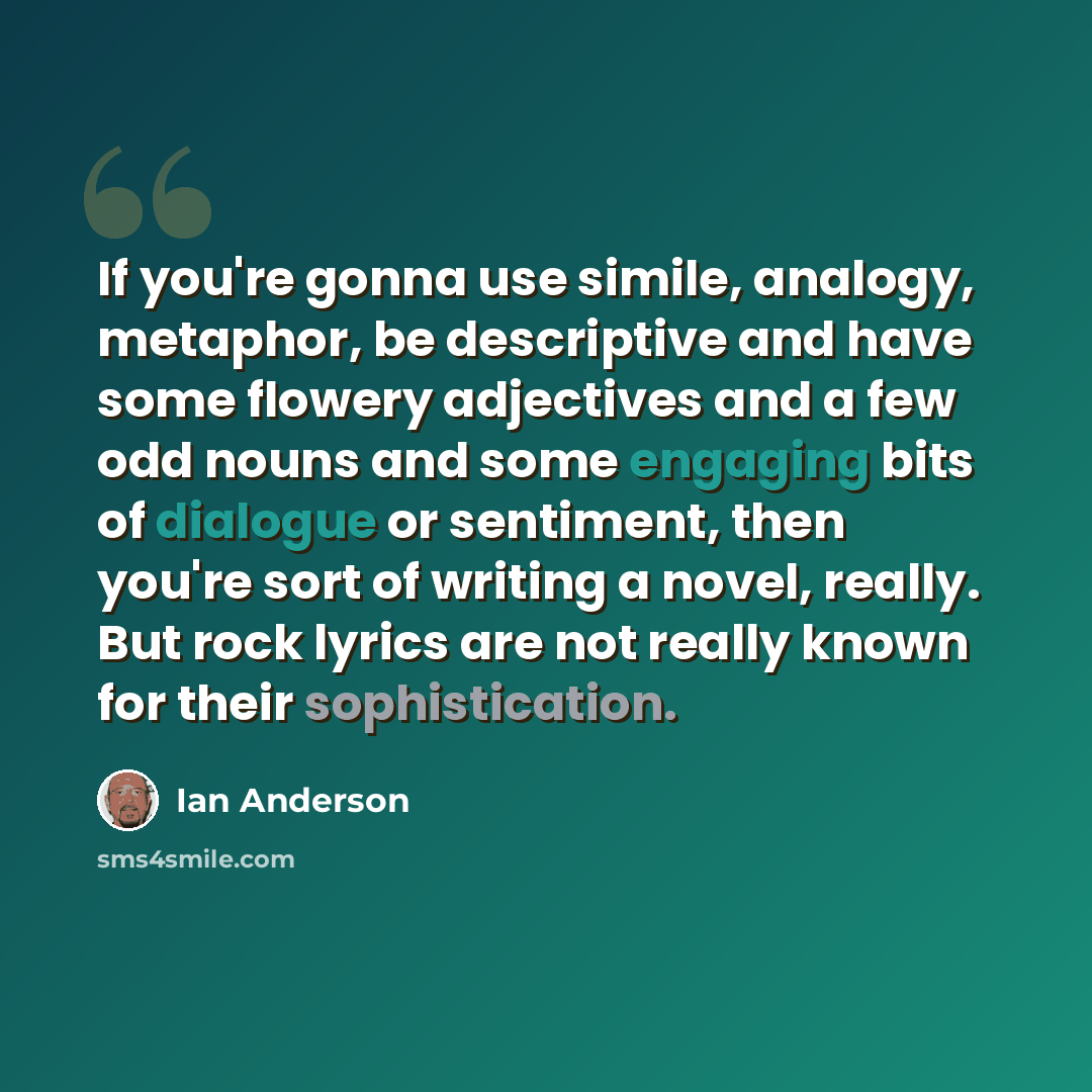 “If you're gonna use simile, analogy, metaphor, be descriptive and have some flowery adjectives and a few odd nouns and some engaging bits of dialogue or sentiment, then you're sort of writing a novel, really. But rock lyrics are not really known for their sophistication.” quote by Ian Anderson