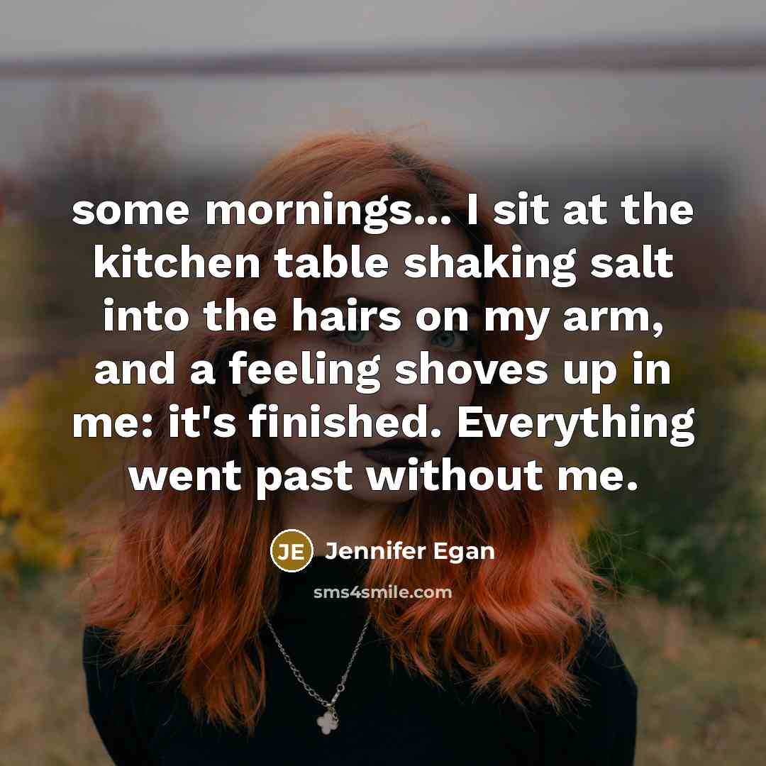 “some mornings... I sit at the kitchen table shaking salt into the hairs on my arm, and a feeling shoves up in me: it's finished. Everything went past without me.” quote by Jennifer Egan