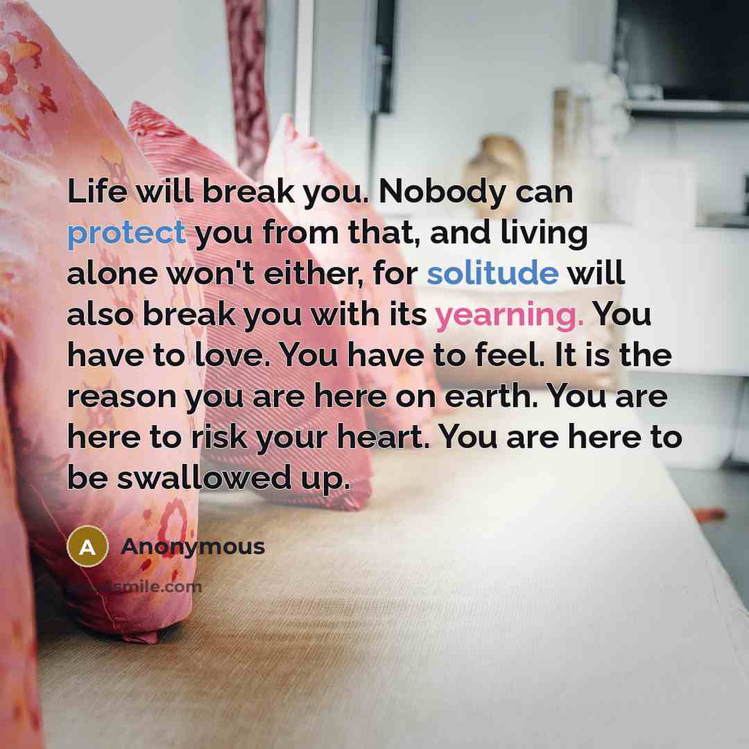 “Life will break you. Nobody can protect you from that, and living alone won't either, for solitude will also break you with its yearning. You have to love. You have to feel. It is the reason you are here on earth. You are here to risk your heart. You are here to be swallowed up.” quote by Anonymous