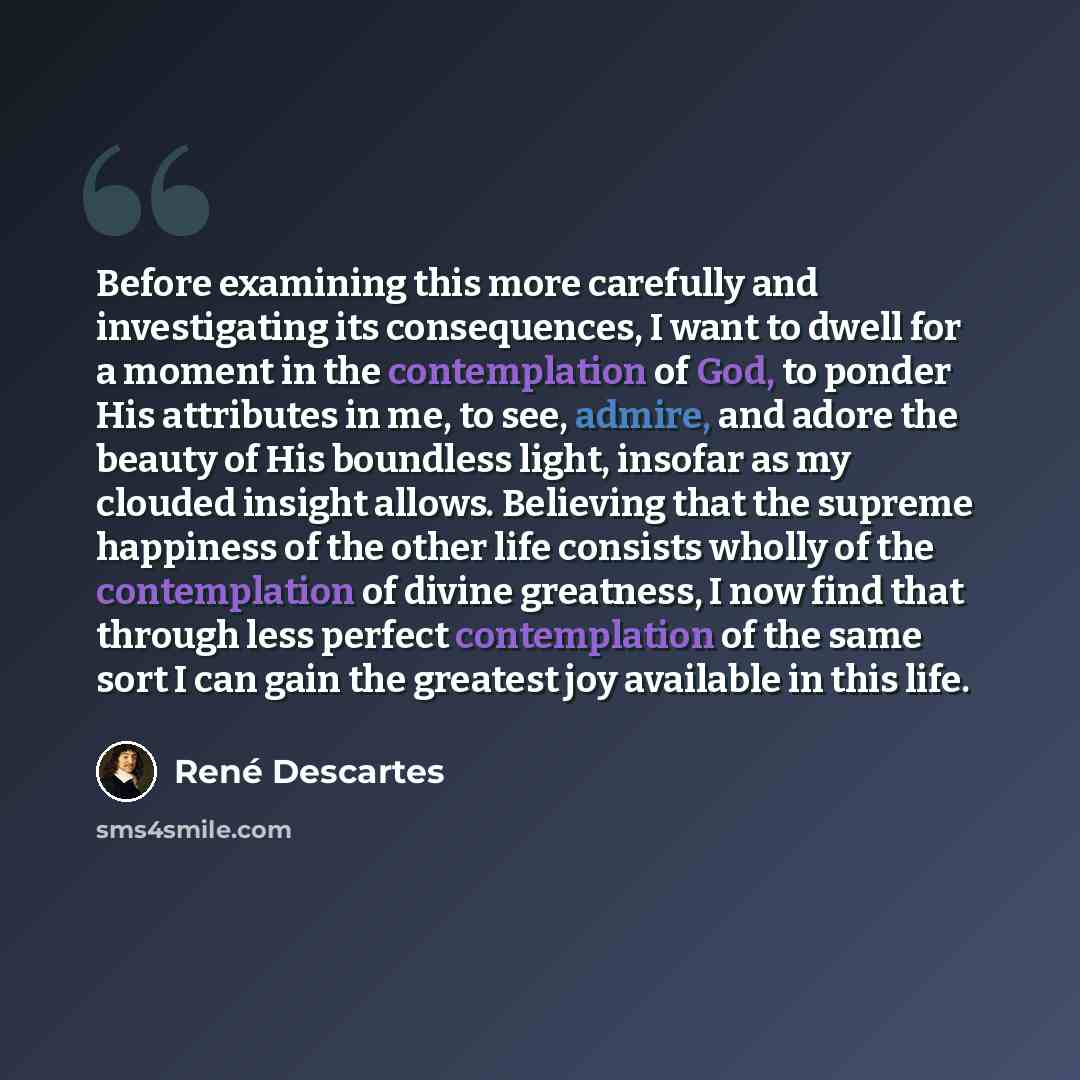 “Before examining this more carefully and investigating its consequences, I want to dwell for a moment in the contemplation of God, to ponder His attributes in me, to see, admire, and adore the beauty of His boundless light, insofar as my clouded insight allows. Believing that the supreme happiness…” quote by Rene Descartes