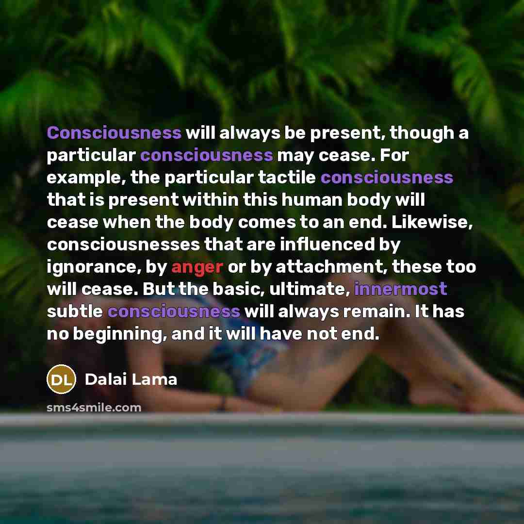 “Consciousness will always be present, though a particular consciousness may cease. For example, the particular tactile consciousness that is present within this human body will cease when the body comes to an end. Likewise, consciousnesses that are influenced by ignorance, by anger or by…” quote by Dalai Lama