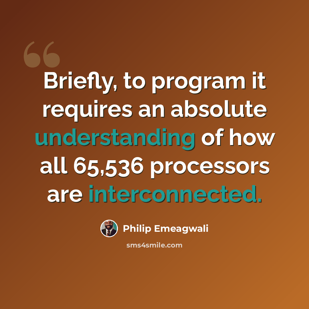 “Briefly, to program it requires an absolute understanding of how all 65,536 processors are interconnected.” quote by Philip Emeagwali