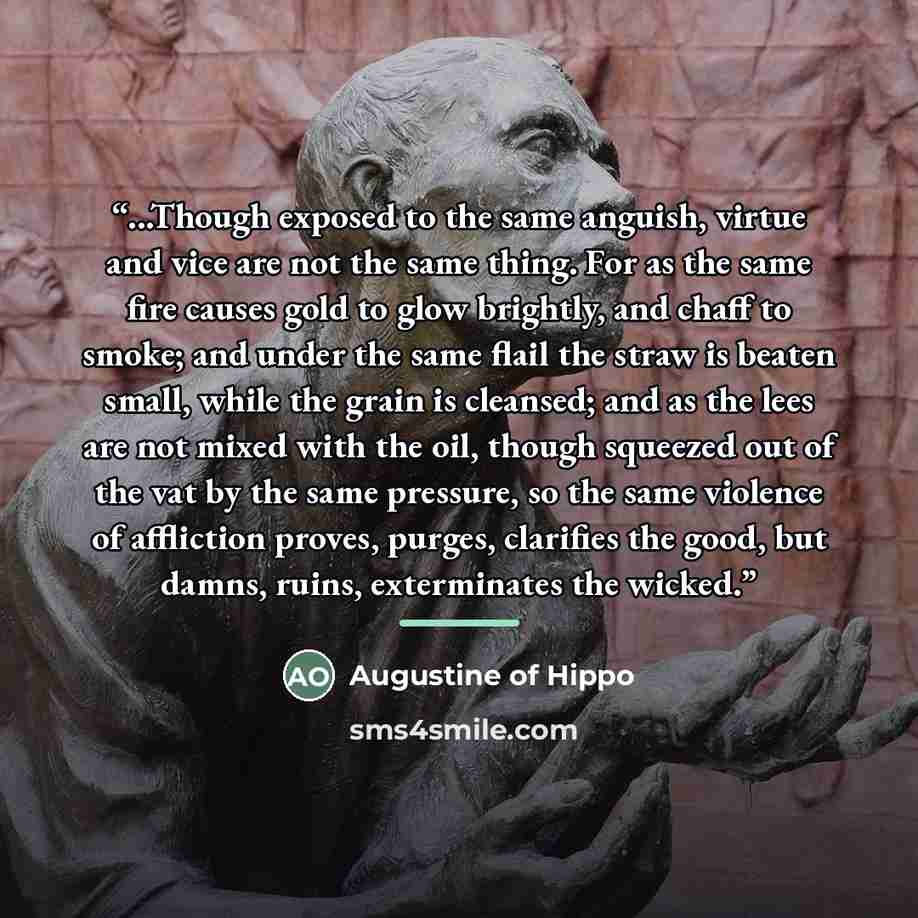 “...Though exposed to the same anguish, virtue and vice are not the same thing. For as the same fire causes gold to glow brightly, and chaff to smoke; and under the same flail the straw is beaten small, while the grain is cleansed; and as the lees are not mixed with the oil, though squeezed out of…” quote by Augustine of Hippo