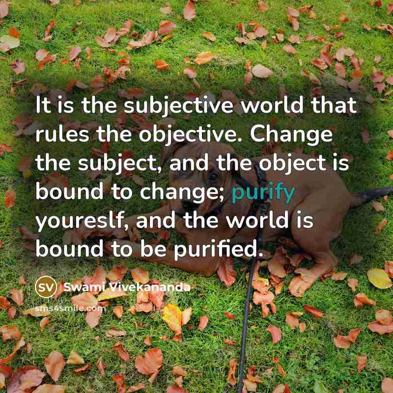 “It is the subjective world that rules the objective. Change the subject, and the object is bound to change; purify youreslf, and the world is bound to be purified.” quote by Swami Vivekananda