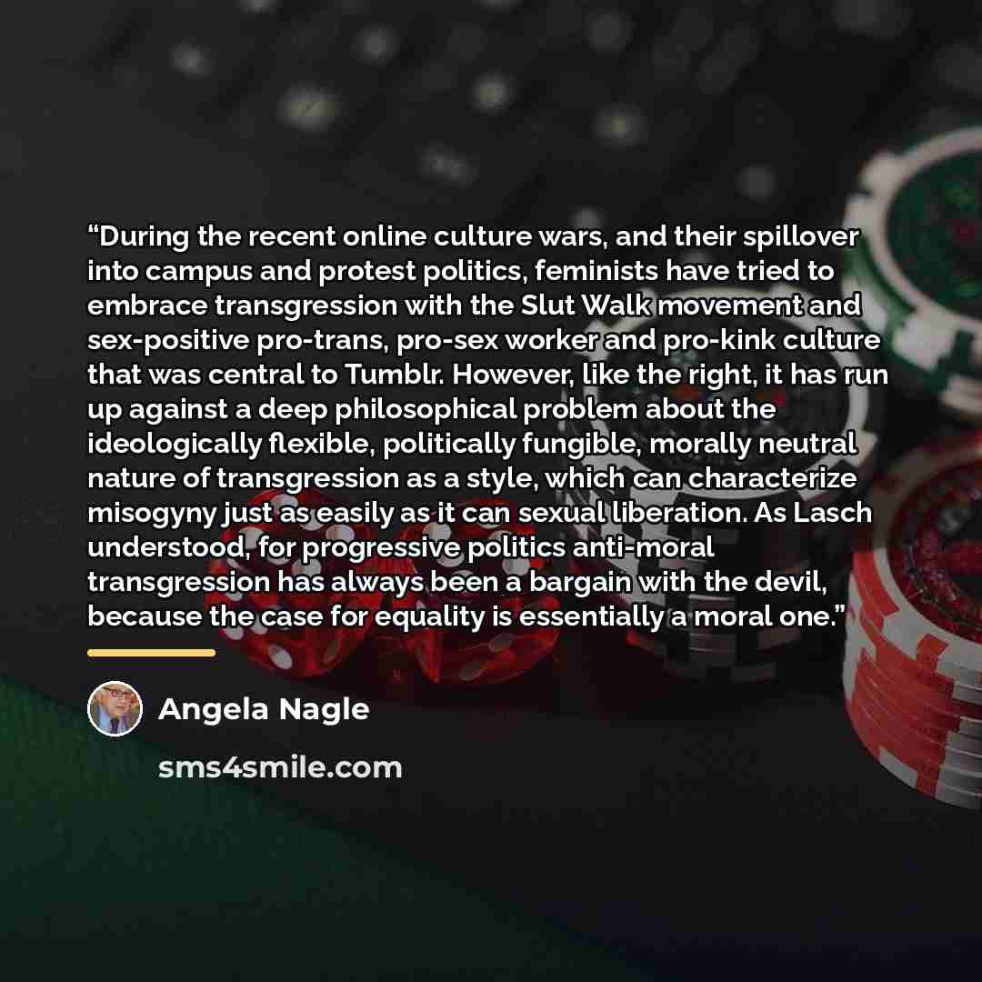 “During the recent online culture wars, and their spillover into campus and protest politics, feminists have tried to embrace transgression with the Slut Walk movement and sex-positive pro-trans, pro-sex worker and pro-kink culture that was central to Tumblr. However, like the right, it has run up…” quote by Angela Nagle