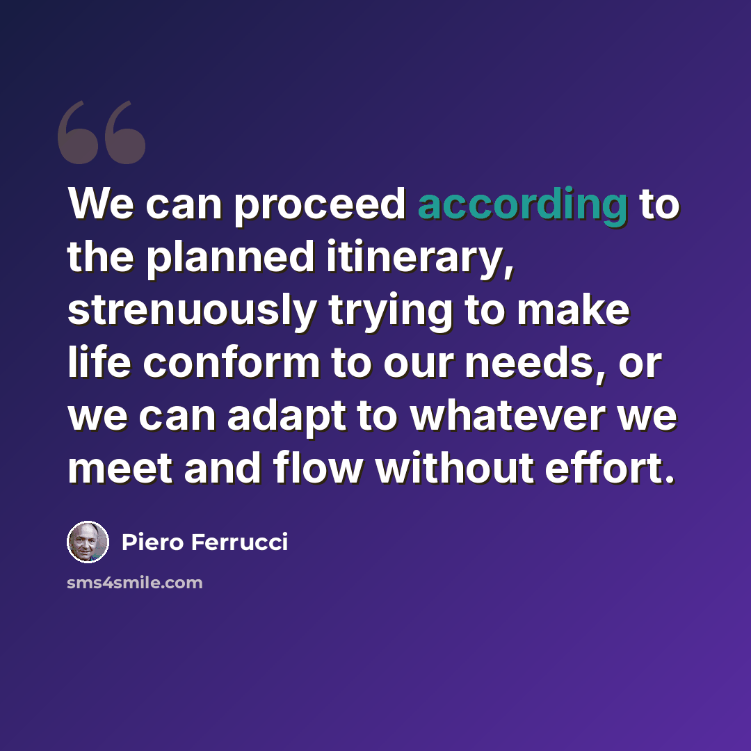 “We can proceed according to the planned itinerary, strenuously trying to make life conform to our needs, or we can adapt to whatever we meet and flow without effort.” quote by Piero Ferrucci