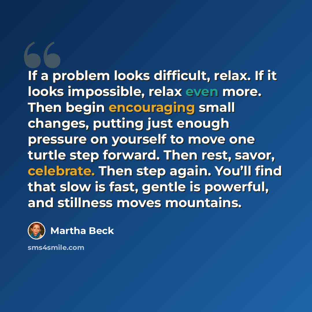“If a problem looks difficult, relax. If it looks impossible, relax even more. Then begin encouraging small changes, putting just enough pressure on yourself to move one turtle step forward. Then rest, savor, celebrate. Then step again. You’ll find that slow is fast, gentle is powerful, and…” quote by Martha Beck