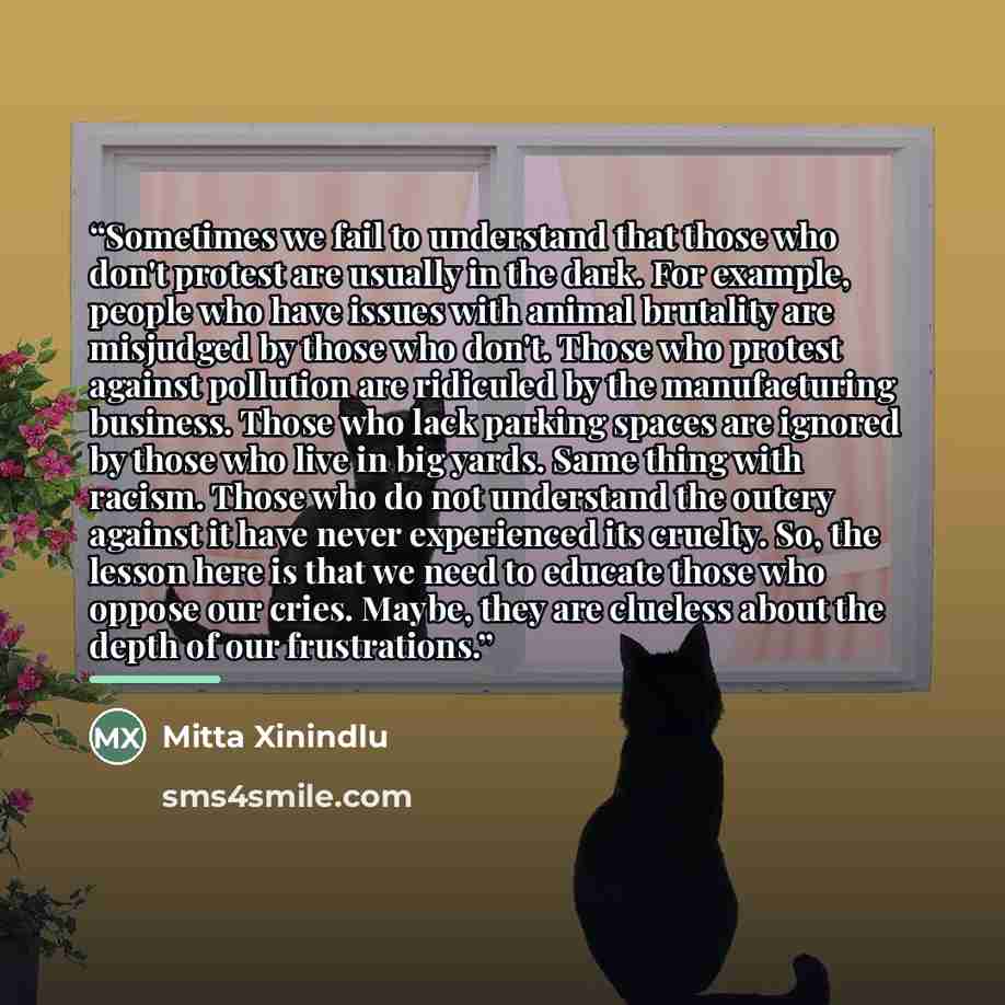 “Sometimes we fail to understand that those who don't protest are usually in the dark. For example, people who have issues with animal brutality are misjudged by those who don't. Those who protest against pollution are ridiculed by the manufacturing business. Those who lack parking spaces are…” quote by Mitta Xinindlu
