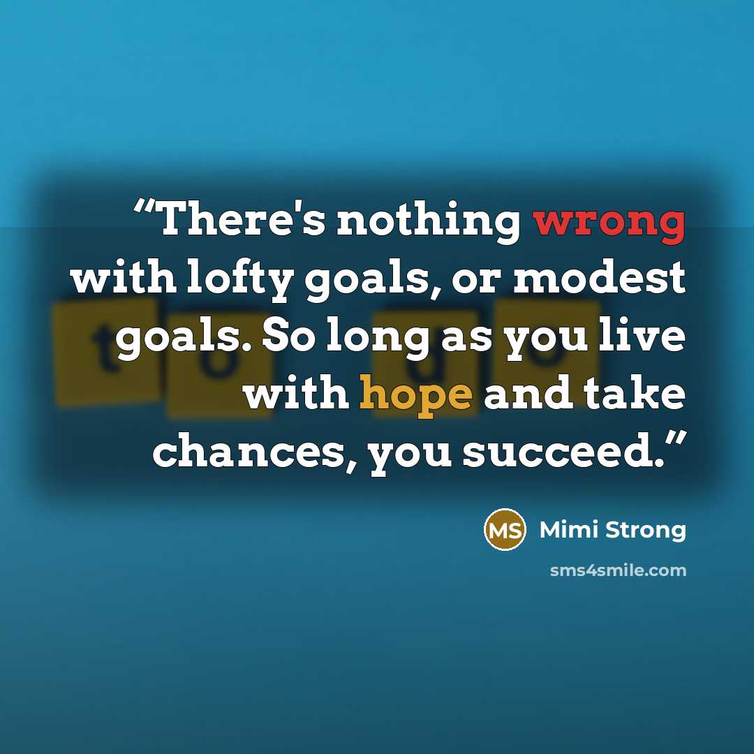 “There's nothing wrong with lofty goals, or modest goals. So long as you live with hope and take chances, you succeed.” quote by Mimi Strong