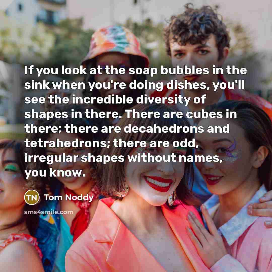 “If you look at the soap bubbles in the sink when you're doing dishes, you'll see the incredible diversity of shapes in there. There are cubes in there; there are decahedrons and tetrahedrons; there are odd, irregular shapes without names, you know.” quote by Tom Noddy